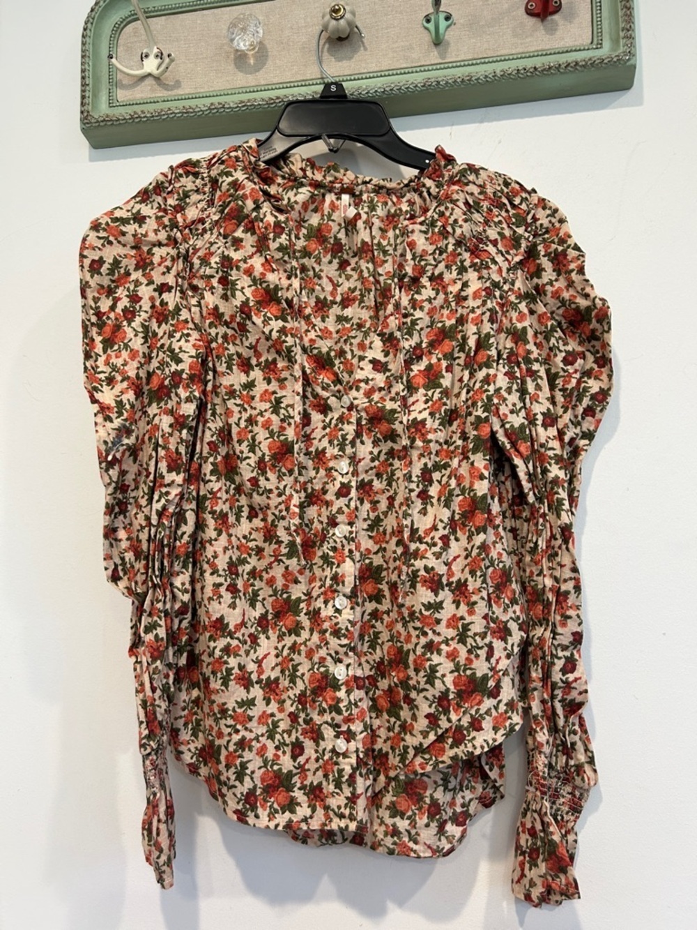 Free People Cream Button-Down Blouse with Red Floral Print